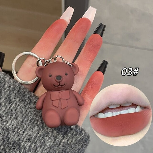 Cute Bear Keychain Lip Mud Matte Velvet Mousse Grey Pink Lipstick