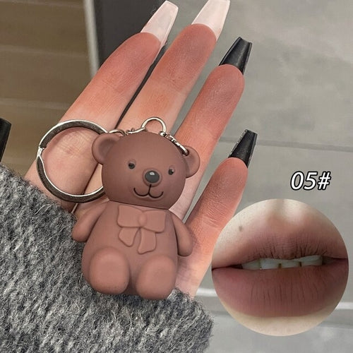 Cute Bear Keychain Lip Mud Matte Velvet Mousse Grey Pink Lipstick