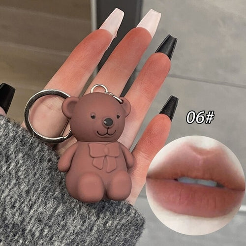 Cute Bear Keychain Lip Mud Matte Velvet Mousse Grey Pink Lipstick