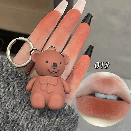 Cute Bear Keychain Lip Mud Matte Velvet Mousse Grey Pink Lipstick