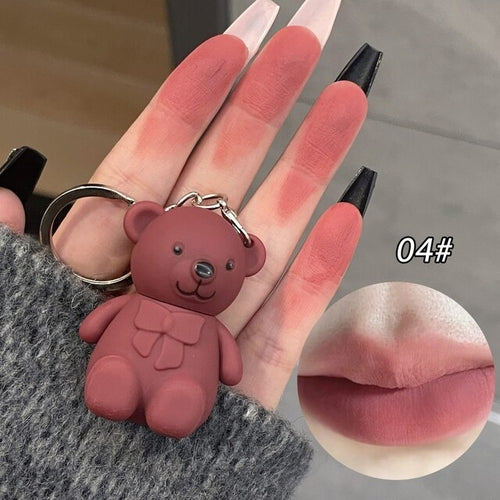 Cute Bear Keychain Lip Mud Matte Velvet Mousse Grey Pink Lipstick