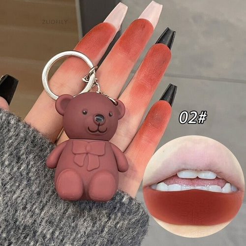 Cute Bear Keychain Lip Mud Matte Velvet Mousse Grey Pink Lipstick