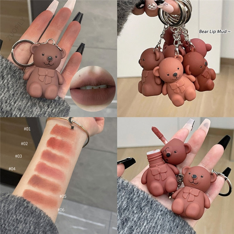 Cute Bear Keychain Lip Mud Matte Velvet Mousse Grey Pink Lipstick